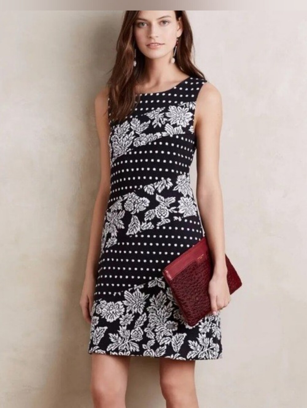 Maeve Anthropologie Mixed Print Sheath Dress Floral Polka Dot Black White Small